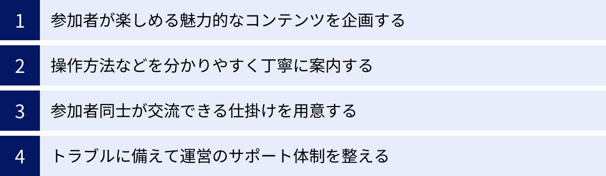 参加者が楽しめる魅力的なコンテンツを企画する、操作方法などを分かりやすく丁寧に案内する、参加者同士が交流できる仕掛けを用意する、トラブルに備えて運営のサポート体制を整える