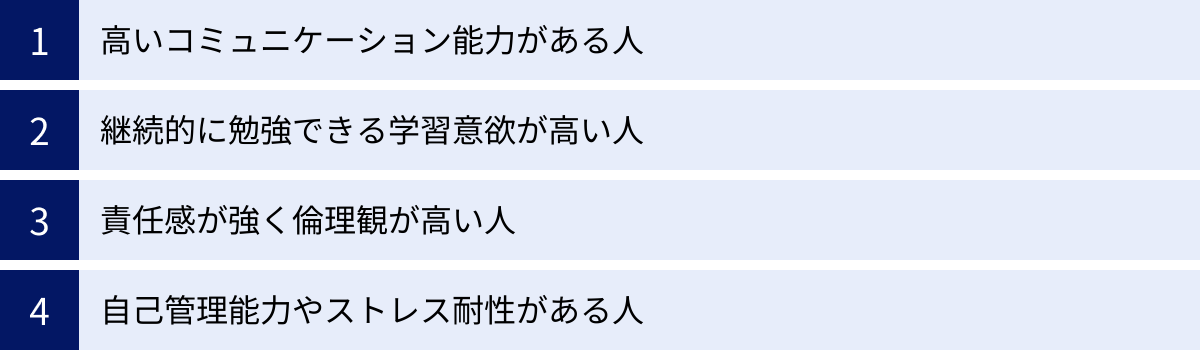 高いコミュニケーション能力がある人、継続的に勉強できる学習意欲が高い人、責任感が強く倫理観が高い人、自己管理能力やストレス耐性がある人