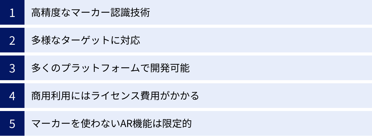 高精度なマーカー認識技術、多様なターゲットに対応、多くのプラットフォームで開発可能、商用利用にはライセンス費用がかかる、マーカーを使わないAR機能は限定的