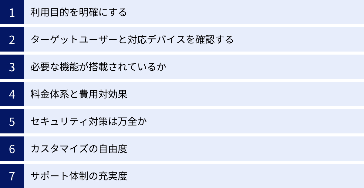 利用目的を明確にする、ターゲットユーザーと対応デバイスを確認する、必要な機能が搭載されているか、料金体系と費用対効果、セキュリティ対策は万全か、カスタマイズの自由度、サポート体制の充実度